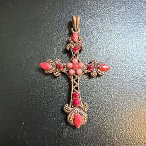 Vintage‎ Style Ornate Cross Pendant With Pink And Red Stones Rose Gold Tone
